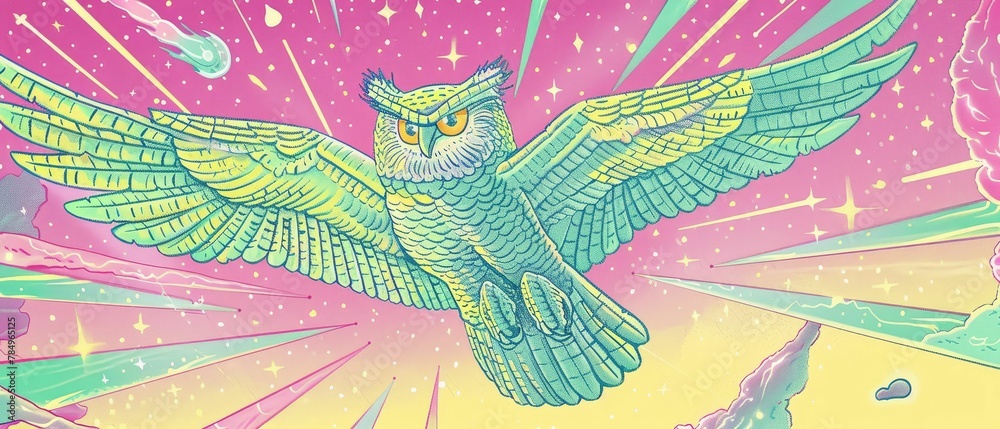 Obraz premium An owl flying under a random, auroralit sky, silent wings, and vivid colors