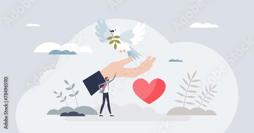 Nonprofit organization for peace or social solidarity tiny person concept. Humanitarian aid as part of philanthropy and generosity from non profit company vector illustration. Community care activist
