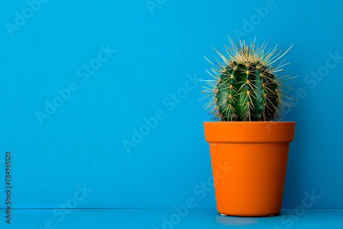 A cactus in a pot against a blue wall. photo