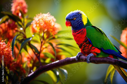 A vibrant rainbow lorikeet perched on a lush green branch, feathers glistening in the sunlight, surrounded by tropical foliage, with a clear blue sky as the backdrop.
