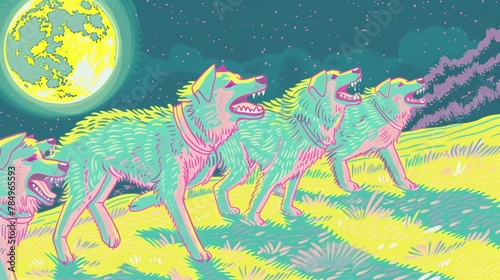 Dogs competing in a random, moonlit howling contest, nights melodious barkoff photo