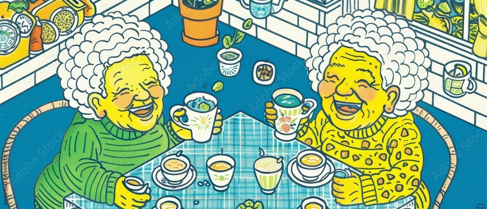 Elderly sisters laughing over tea, reminiscing about random, whimsical childhood pranks
