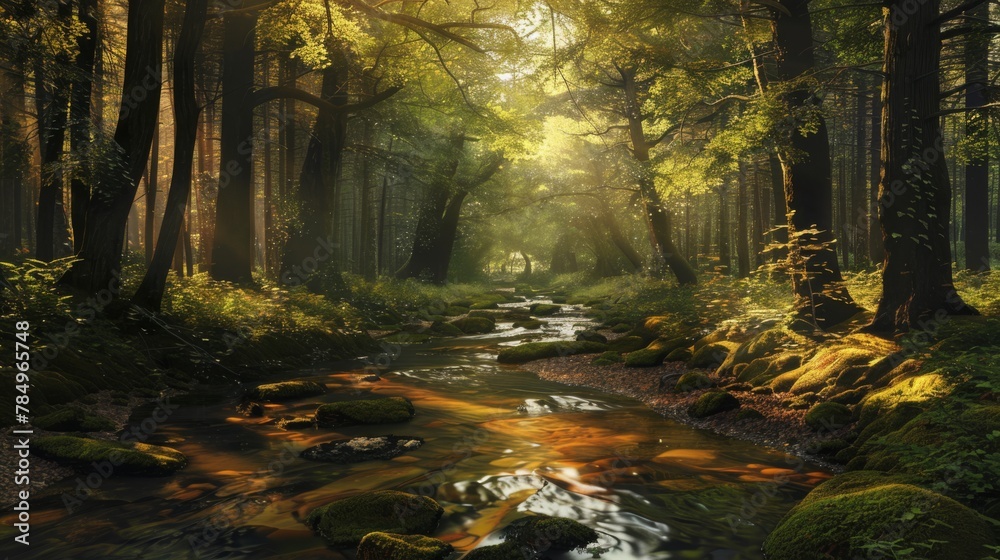 A stream meanders through a dense forest filled with vibrant green foliage and tall trees. The water glistens under the sunlight as it flows over rocks and fallen branches, creating a peaceful and ser