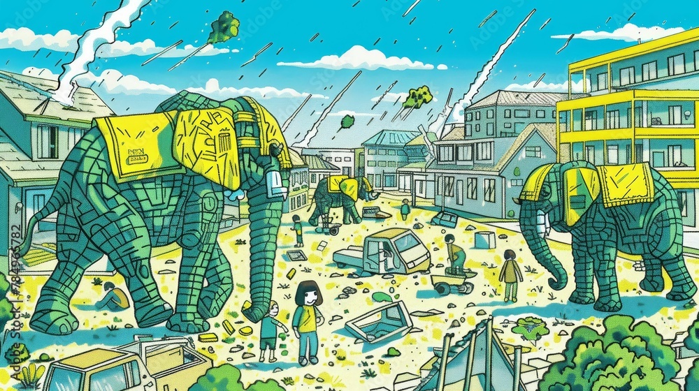 Naklejka premium Elephants wandering through a random, ghost town, echoes of past and present