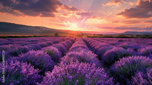 A field of lavender flowers with a beautiful sunset in the background. The sun is setting behind the hills, casting a warm glow over the field. The flowers are in full bloom, creating a serene