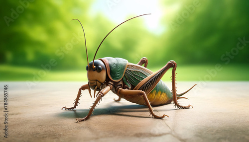 cricket, featuring natural green and brown hues, resting on a matte, natural ground © CHOI POO