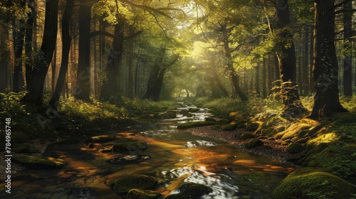 A stream meanders through a dense forest filled with vibrant green foliage and tall trees. The water glistens under the sunlight as it flows over rocks and fallen branches  creating a peaceful and ser