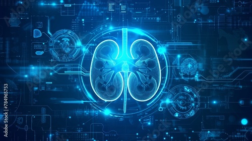 Futuristic medical research or kidney health care with diagnosis and vitals infographic biometrics for clinical and hospital kidney dialysis or kidneys stone disease ultrasound as wide banner
