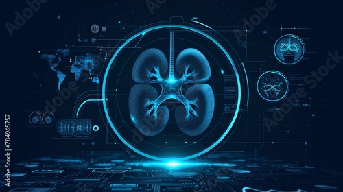 Futuristic medical research or kidney health care with diagnosis and vitals infographic biometrics for clinical and hospital kidney dialysis or kidneys stone disease ultrasound as wide banner