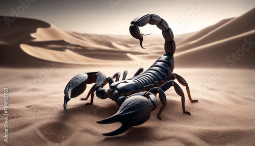 a scorpion with a sleek black exoskeleton, posed naturally on matte, sandy ground photo