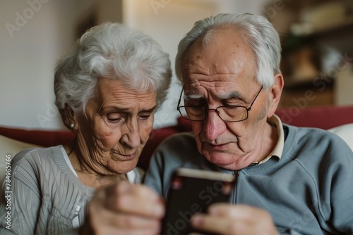 Two seniors focused on a mobile device at home