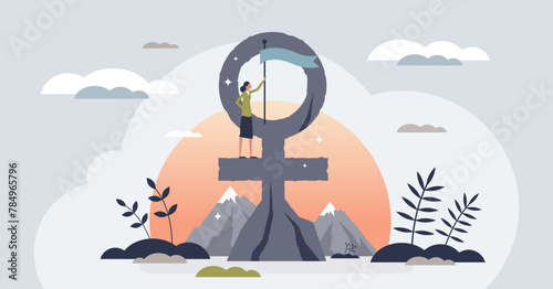 Women empowerment, female unity or community strength tiny person concept. Feminist activity for equal rights, opportunities or justice vector illustration. Femininity movement against discrimination