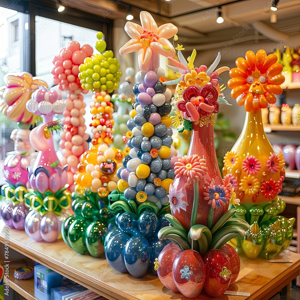 A variety of balloon sculptures made to look like flowers and plants