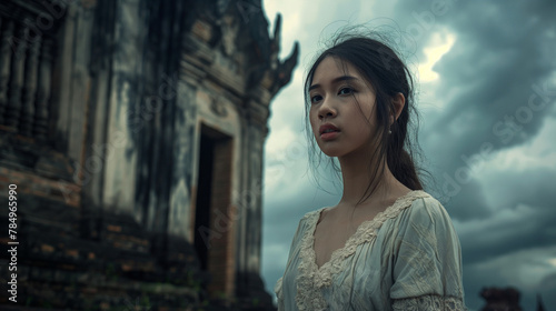 Serene Woman by Historical Temple Ruins