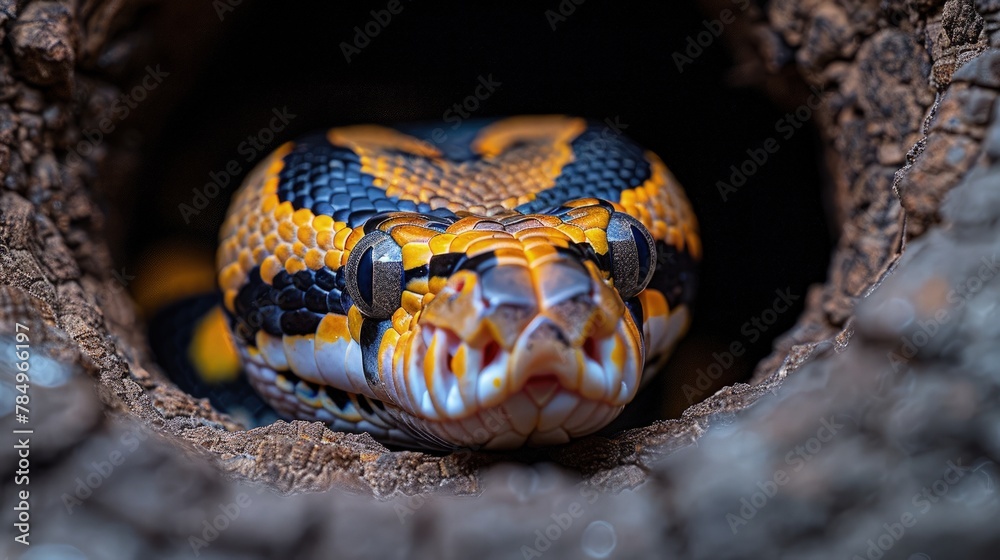 Ball Python Coiled Comfortably in the Hollow of a Tree Trunk, Taking Shelter from the Midday Heat Ball Python Coiled Comfortably in the Hollow of a Tree Trunk, Taking Shelter from the Midday Heat