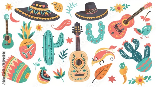 Cart, flat color, vector clipart, cute illustrations, stickeoon Mexican elements, Vector illustration of cute cartoon Mexican icons on a white background.Cinco de Mayo celebration idea. 