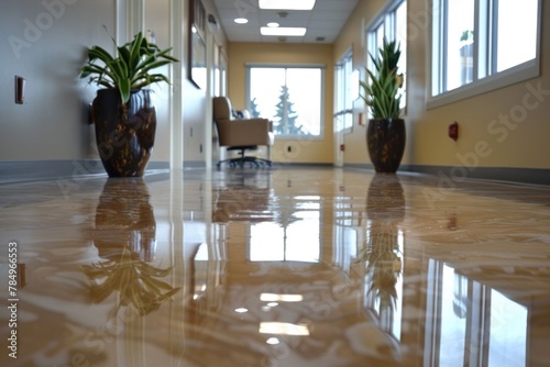 A sleek, reflective epoxy floor elevates the interior of a contemporary office space, showcasing a polished look with natural light