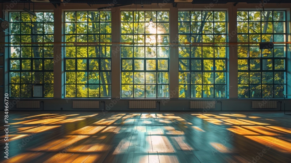Interior of an empty modern fitness room with large windows Interior of an empty modern fitness room with large windows