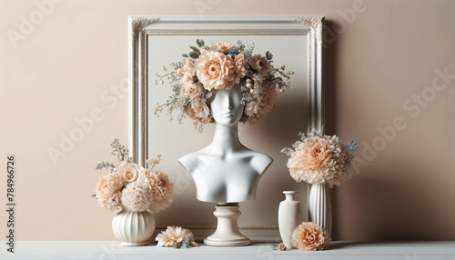 a mannequin bust adorned with a lavish crown of pale peach and white flowers in vase