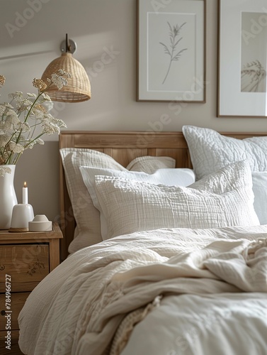 Cozy Bedroom Interior with Neutral Bedding and Natural Accents