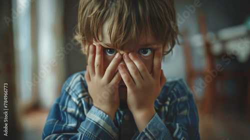 Unhappy kid boy hands hides his face