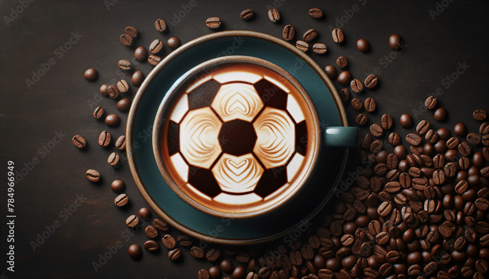 a top view of a coffee cup with the foam art designed to resemble a soccer ball a top view of a coffee cup with the foam art designed to resemble a soccer ball