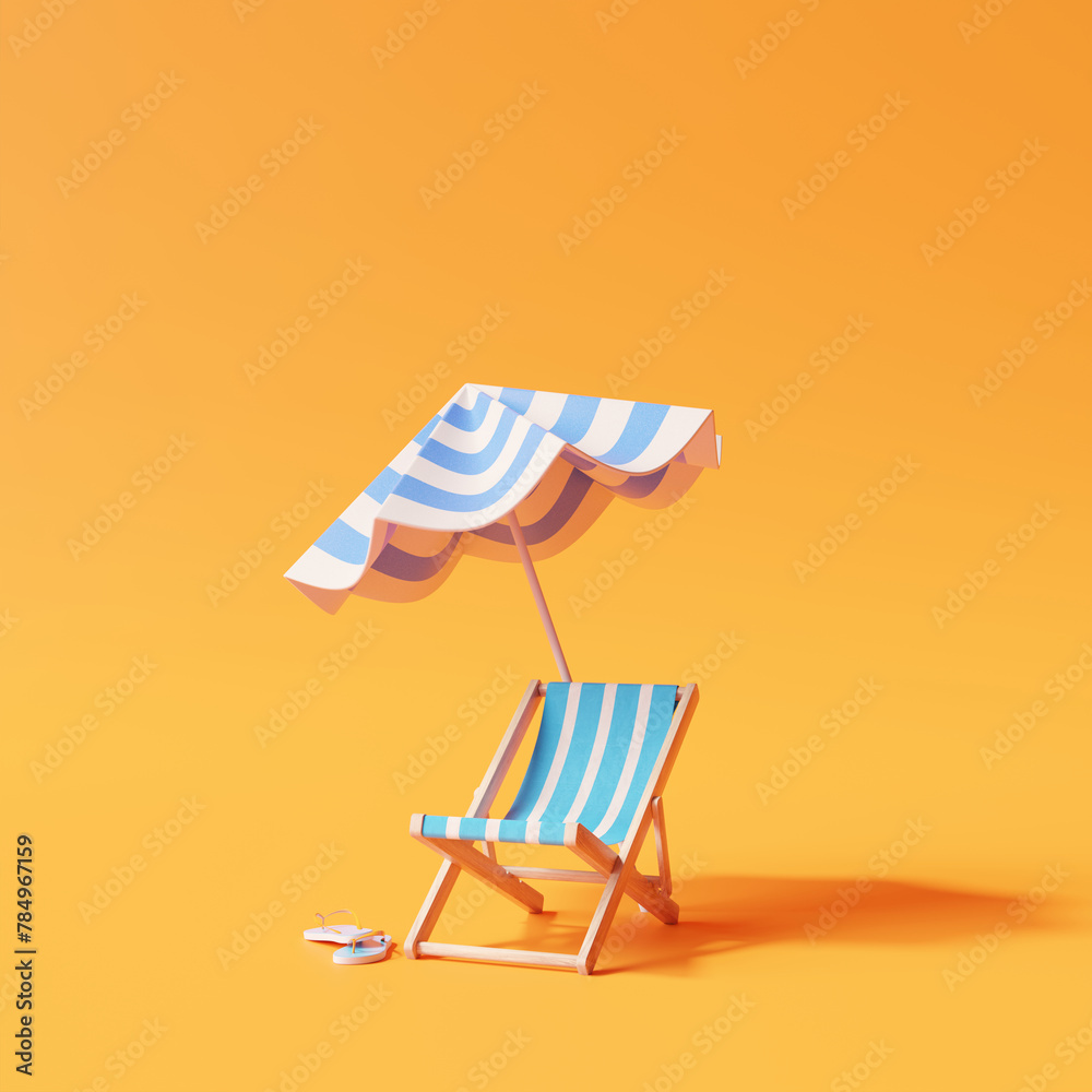 Beach umbrella with chairs on orange background. summer vacation concept. 3d rendering - obrazy, fototapety, plakaty 