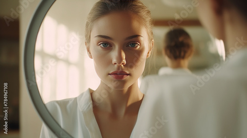 Serene young woman gazing into a mirror with natural light illuminating her features