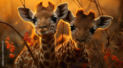 A trio of baby giraffes playfully nuzzling each other on the savannah, their long necks and spotted coats adding to the overall cuteness of these gentle giants. © Shani