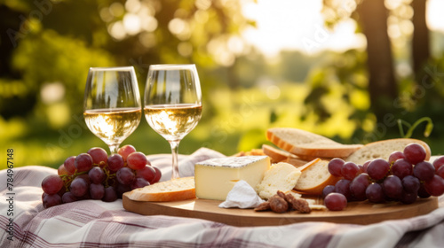 Sunset Picnic with White Wine, Grapes and Cheese, Countryside Relaxation