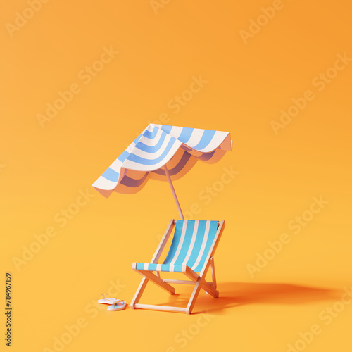 Beach umbrella with chairs on orange background. summer vacation concept. 3d rendering