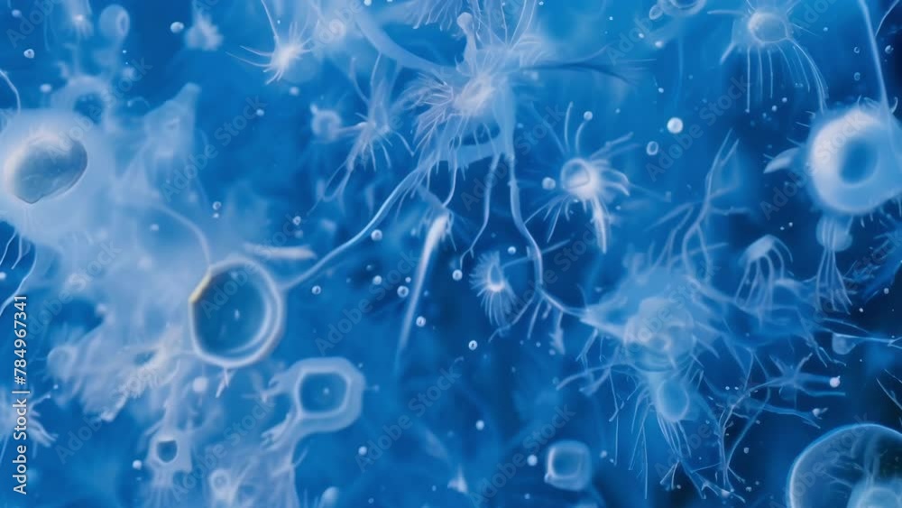 A microscopic image of plankton shows countless small organisms varying in shape and size floating in a vast ocean of blue. The plankton . AI generation. A microscopic image of plankton shows countless small organisms varying in shape and size floating in a vast ocean of blue. The plankton . AI generation.