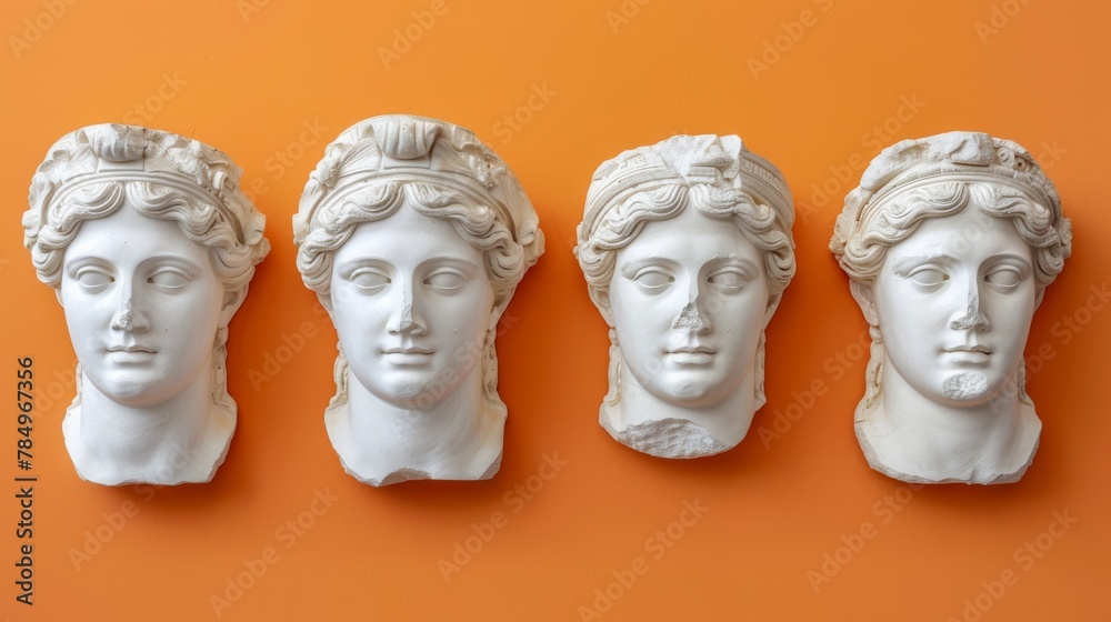 Obraz premium Classical ancient marble gypsum stoic, roman, greek bust, busts head sculpture against a colored background representing historical figures 