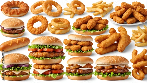 Foods-isolated-on-white-background--sandwich--hamburger--onion-rings--shawarma--turkey-roast--prawns--chicken-nuggets--chicken-wings--hot-dog--Fast-food-closeup-collection--Fast-food © Ehtasham