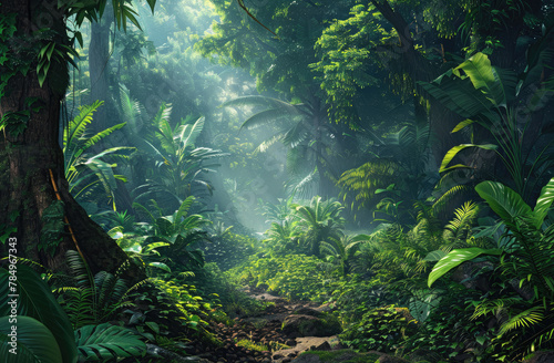 Capture the grandeur of untouched wilderness from a worms-eye view in a lush rainforest, featuring towering trees and exotic flora and fauna Bring