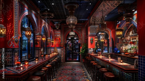 Ornate Moroccan Style Bar Interior with Colorful Mosaic and Lanterns