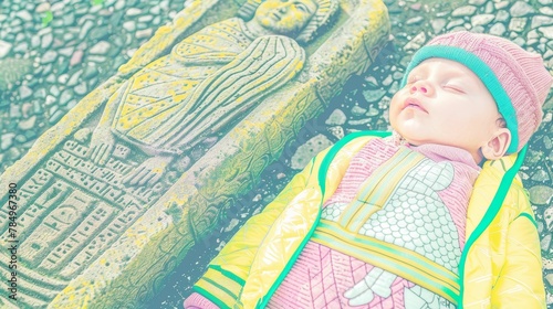 Newborn sleeping peacefully beside a random, ancient artifact, historys gentle guard photo