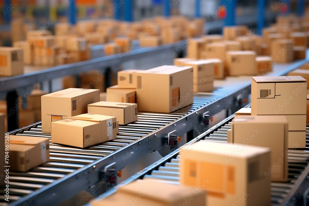 Cardboard boxes on conveyor belt in warehouse. Cardboard boxes on conveyor belt in warehouse.