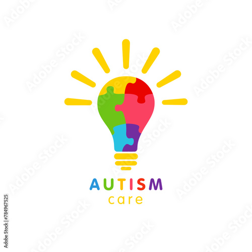 School logo concept. Brainstorm symbol. Educational icon. Colorful lamp. Autism care education logotype template. Cute isolated colour design with puzzle texture. White background. Business sign.