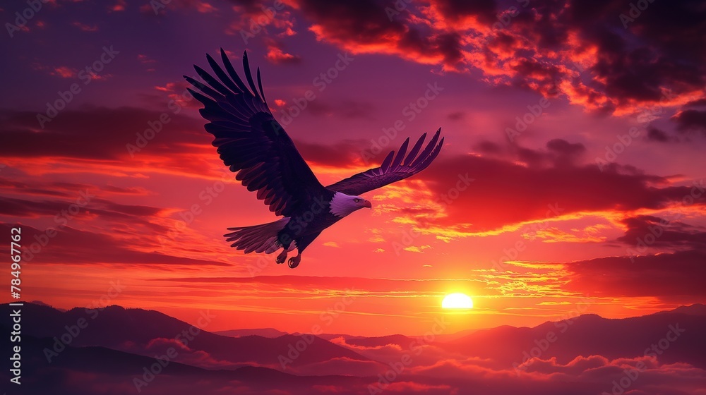 Obraz premium Wings of Fantasy Majestic Eagle Soaring in the Sunset
