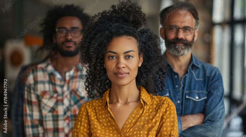 Confident business man and woman standing in creative office Confident business man and woman standing in creative office