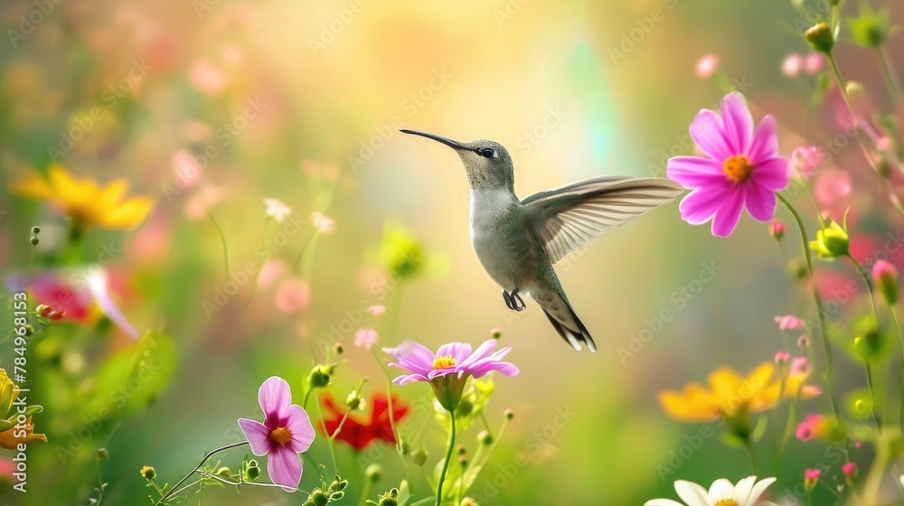 Fototapeta premium Graceful hummingbird dances amid spring blooms, a vibrant display of nature's beauty. Ai Generated.