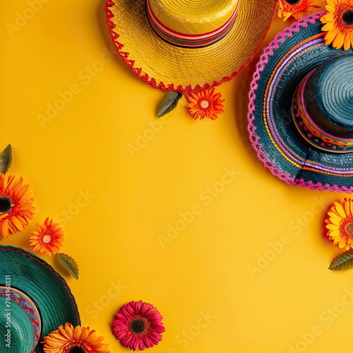 Cinco de Mayo background with sombreros and flowers on yellow, flat lay top view space for text. Cinco de Mayo celebration idea.
