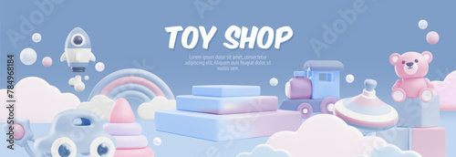 Vector banner of a toy store with a set of 3D toys.