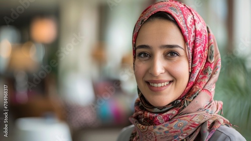 Happy Middle Eastern businesswoman at the office A female executive wearing a headscarf smiles at the camera.