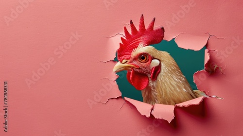 A humorous chicken peers through a ripped hole in a contrast pastel color paper background, Ai Generated