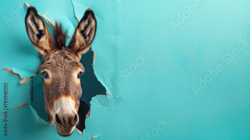 A humorous donkey peers through a ripped hole in a contrast pastel color paper background, Ai Generated