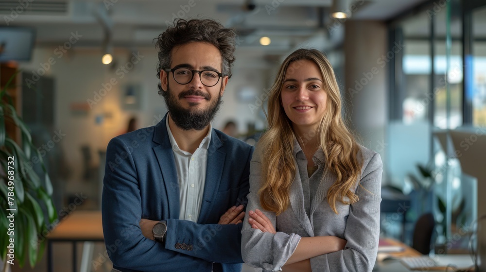 Two businessmen standing together in the office Confident male and female professionals in open plan workplace Two businessmen standing together in the office Confident male and female professionals in open plan workplace