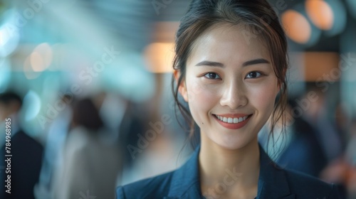 A smiling Chinese businesswoman waits for a job interview with other applicants in the office. Some of them are motion blur. photo