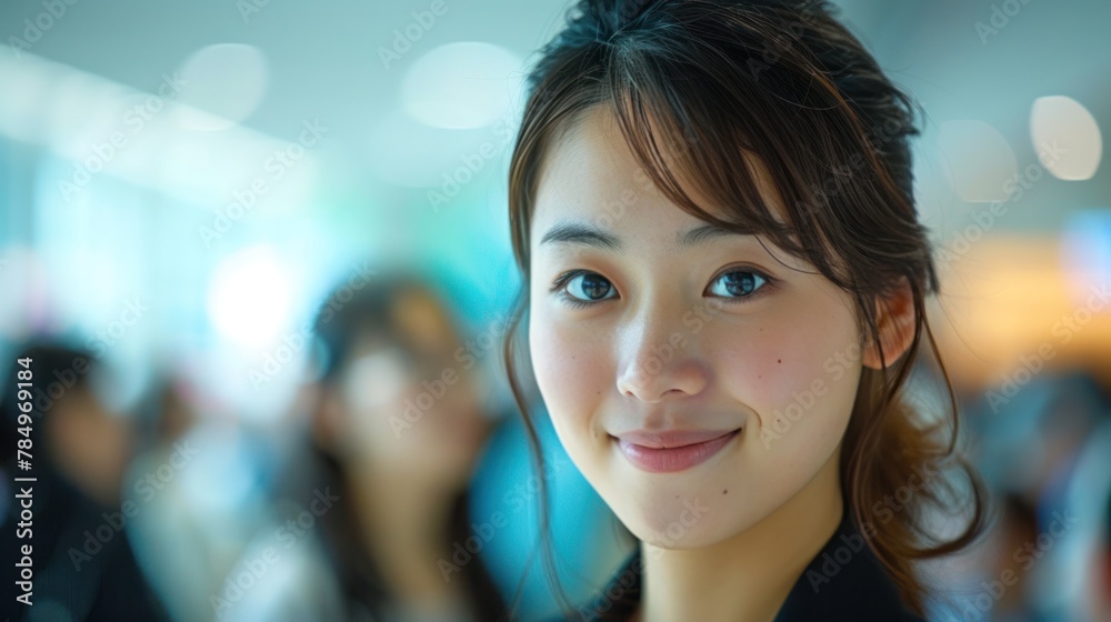 A smiling Chinese businesswoman waits for a job interview with other applicants in the office. Some of them are motion blur. A smiling Chinese businesswoman waits for a job interview with other applicants in the office. Some of them are motion blur.